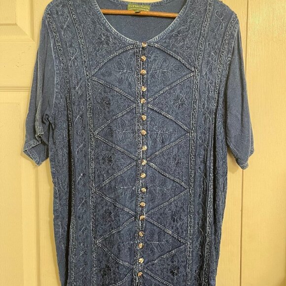 Flying High Women's Blue Tie Back Embroidered Button Up Lagenlook Blouse Medium - Picture 3 of 5